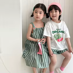 Conjunto verano niños camiseta y shorts rayas algodón + vestido tirantes