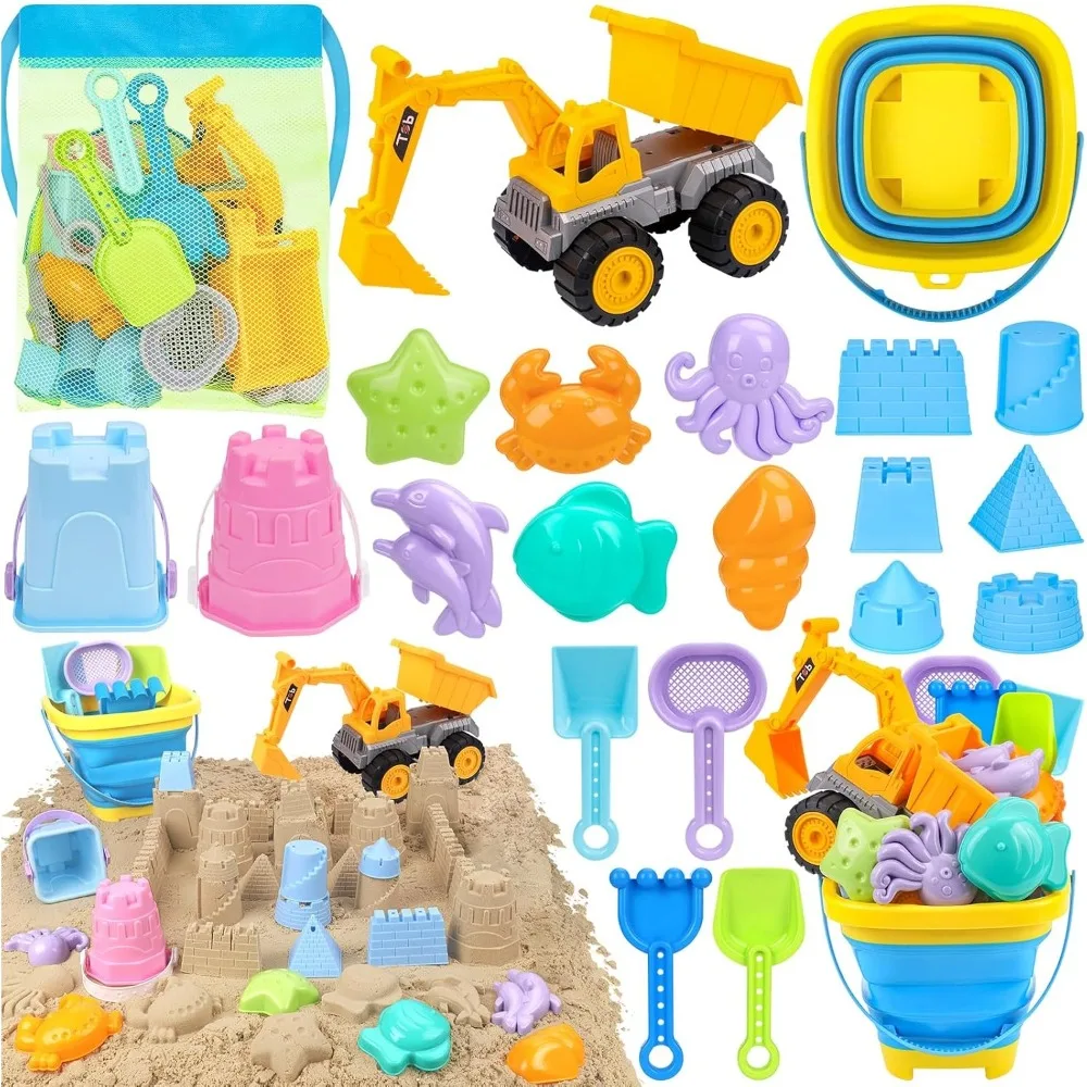 Cubo de arena plegable para niños pequeños con excavadora y moldes - imagen 2