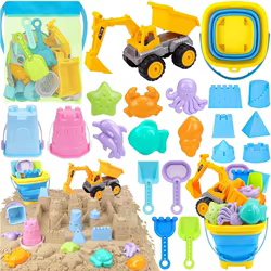 Cubo de arena plegable para niños pequeños con excavadora y moldes