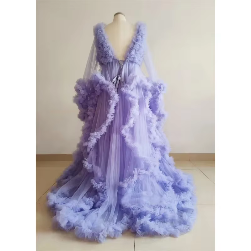 Vestido premamá de tul lavanda con volantes y manga larga - imagen 4