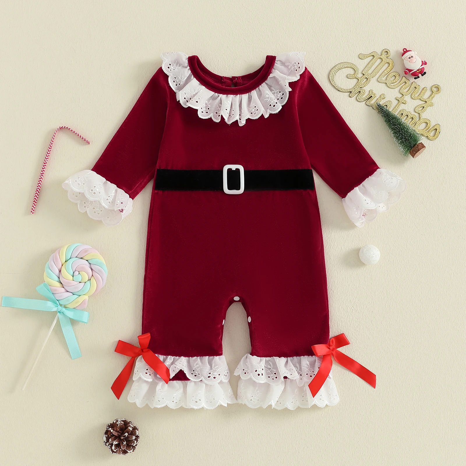 Pichi bebé de terciopelo navideño con volantes y encaje - imagen 3