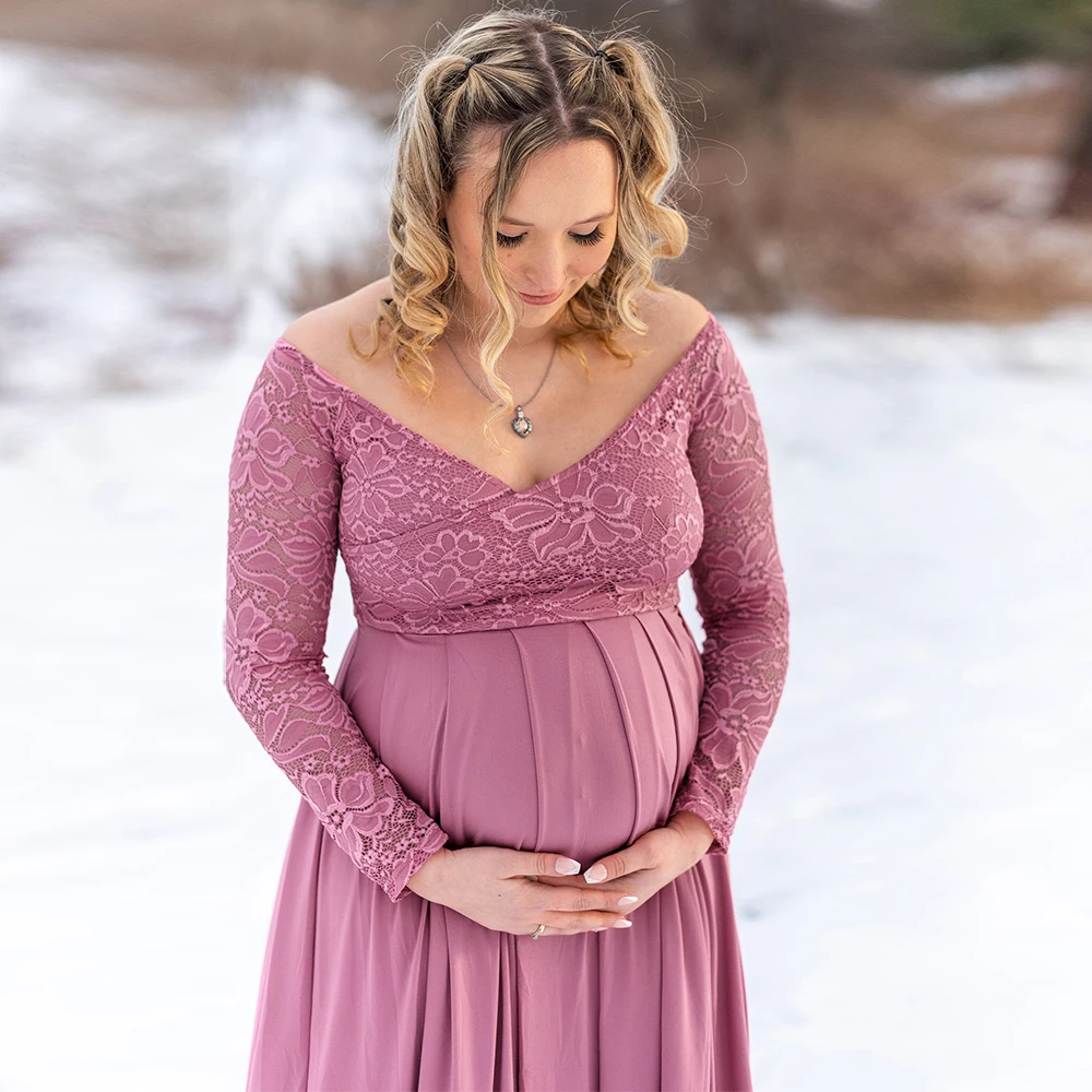 Vestido de encaje premamá con cuello en V manga larga para fotografía