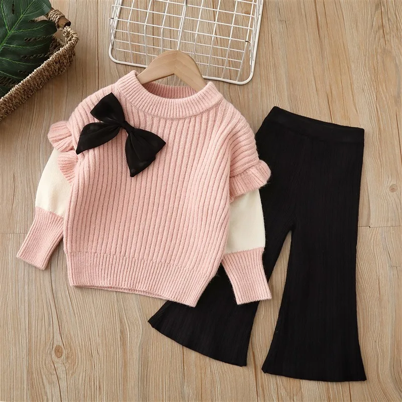 Conjunto de suéter y pantalón acampanado para niña – lazo en punto - imagen 3