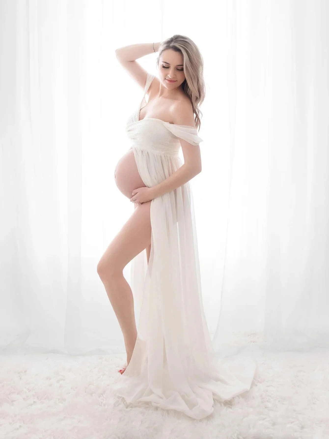 JustVH Vestido de maternidad en encaje y gasa con hombros descubiertos - imagen 2