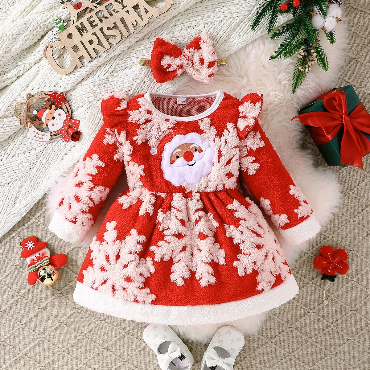 Vestido navideño para niñas - Estampado invernal con banda pelo - imagen 2