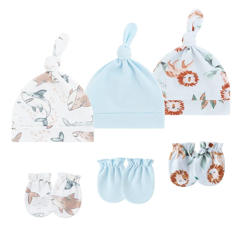 Gorro y guantes de algodón estampado para bebé