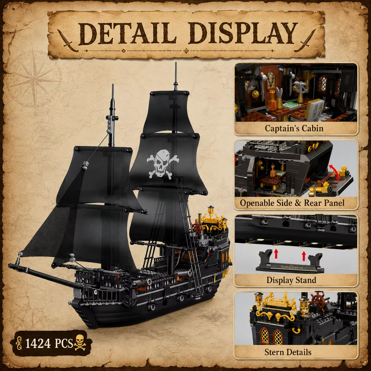 Barco Pirata Negro de Construcción – Esqueleto Fantasma - imagen 4