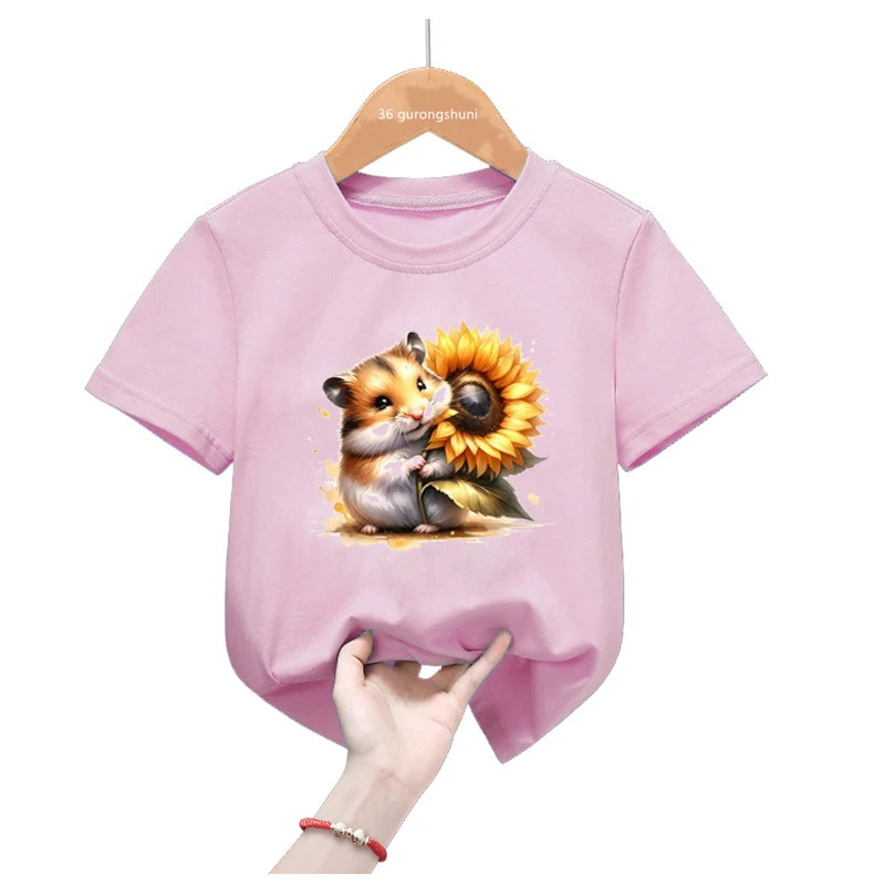 Camiseta niña estampada con hámster y girasol estilo kawaii de verano - imagen 5