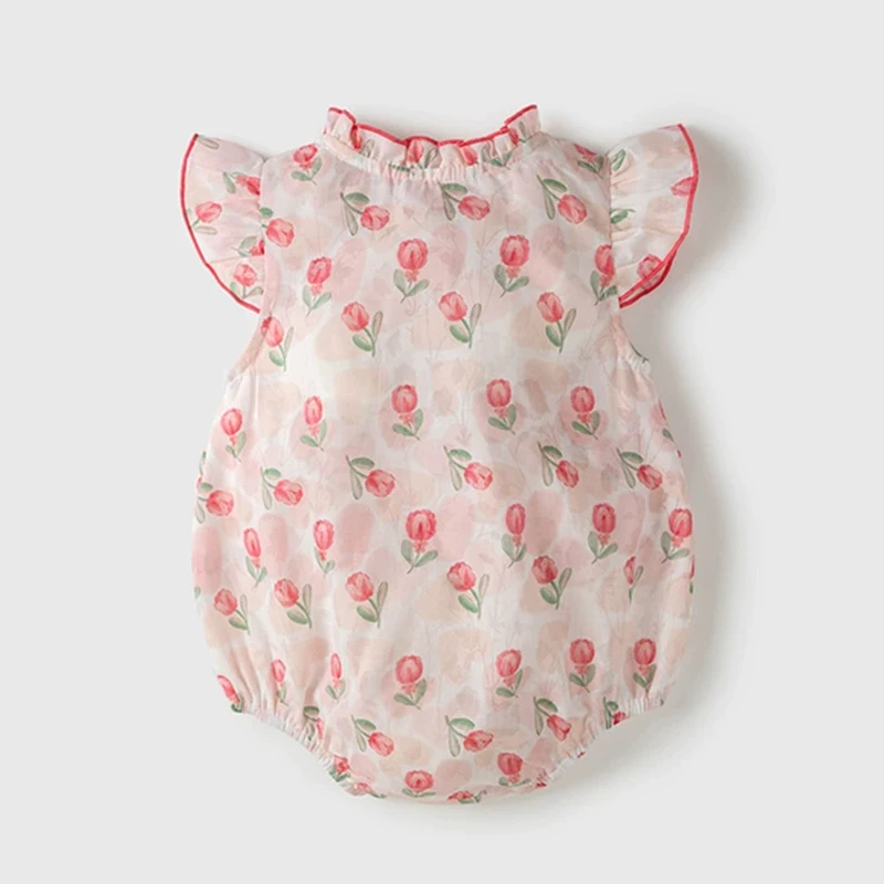 Conjunto verano bebé niña: mono algodón malla con flores + diadema - imagen 3