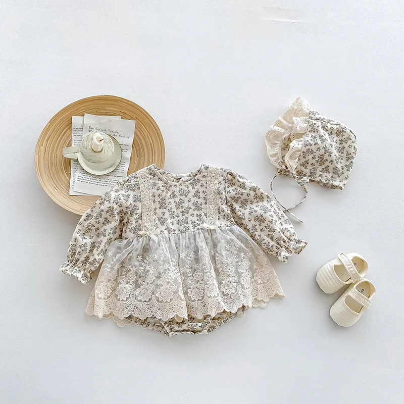 MILANCEL Vestido de encaje para niña – Mameluco floral con sombrero - imagen 4