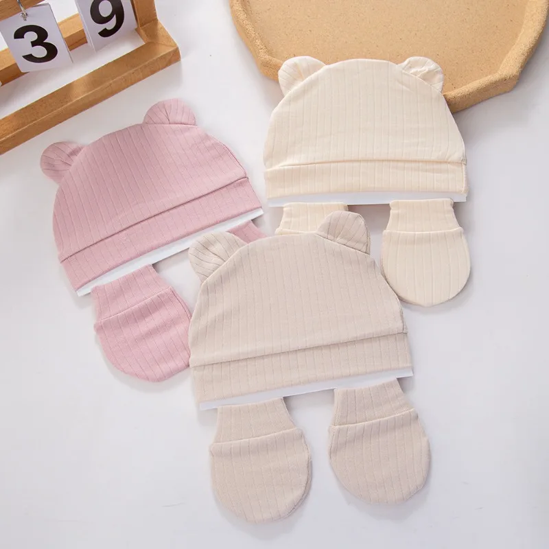 Conjunto gorro bebé con orejas de oso y manoplas algodón suave - imagen 4