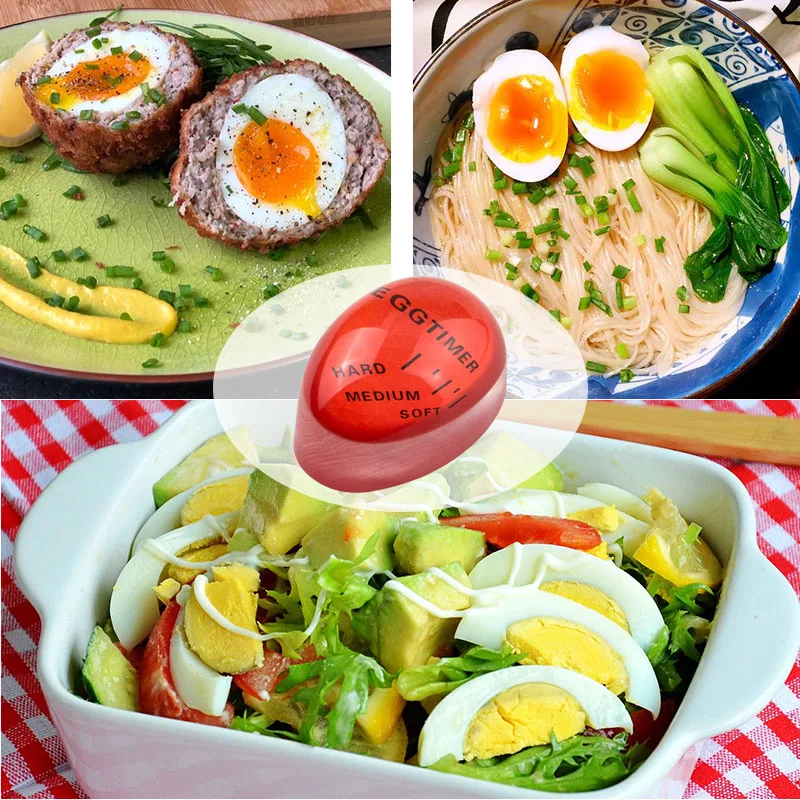 Temporizador de huevos junto a huevos hervidos listos