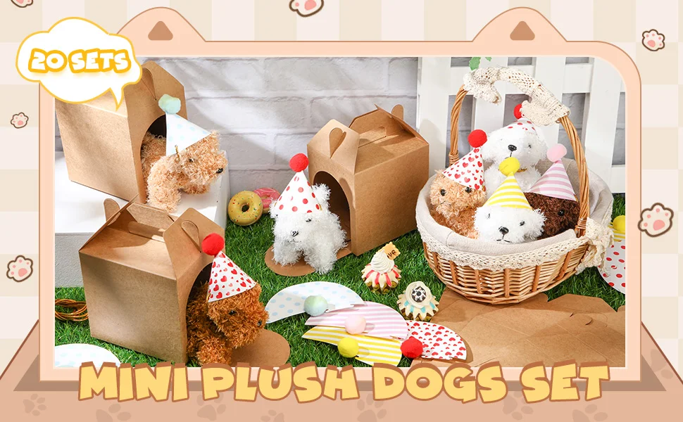 Mini cachorros de peluche con sus casas de papel en diferentes colores