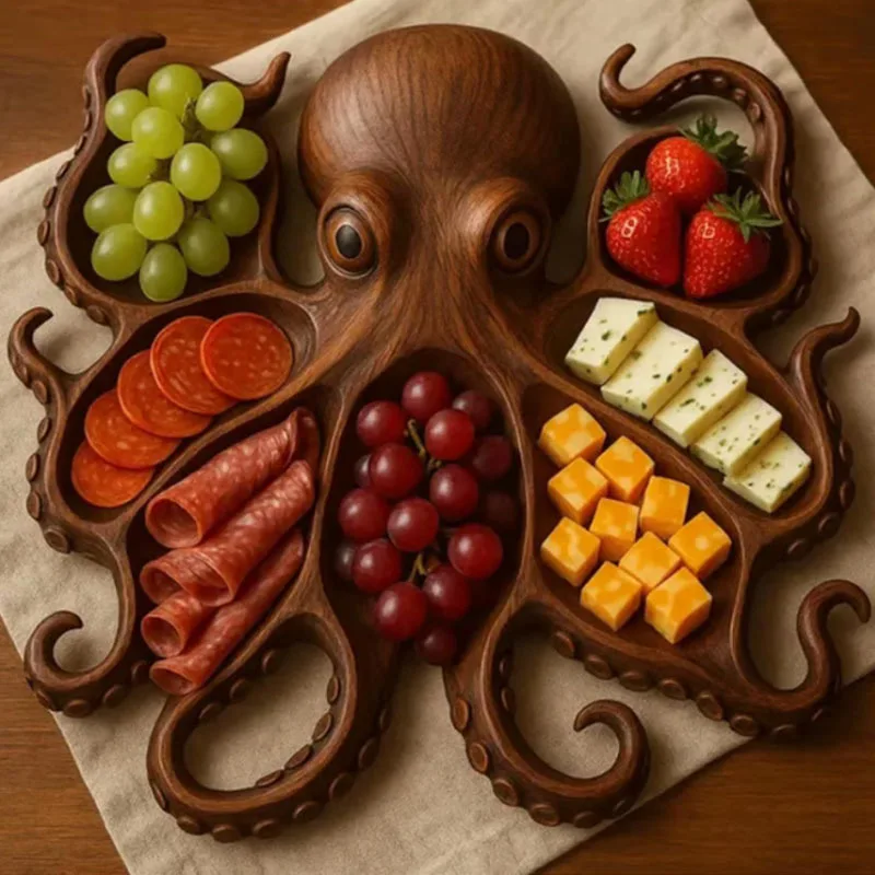 Bandeja charcutería de madera con pulpo para servir - imagen 3