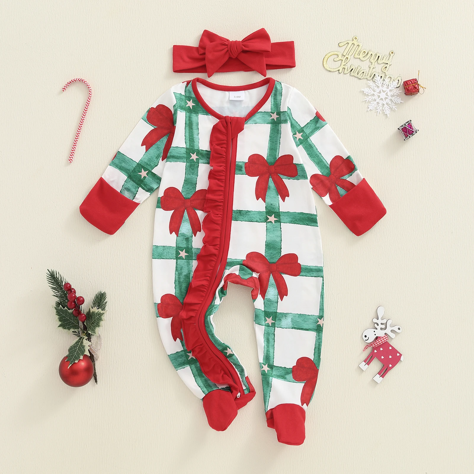 Tregren mameluco de Navidad para bebé niña con lazo y diadema - imagen 3