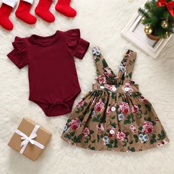 Conjunto navideño niña 0-18m: pelele corto, falda con tirantes
