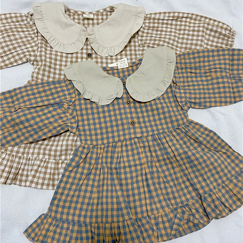Vestido de lino a cuadros manga larga para niña primavera otoño - imagen 4