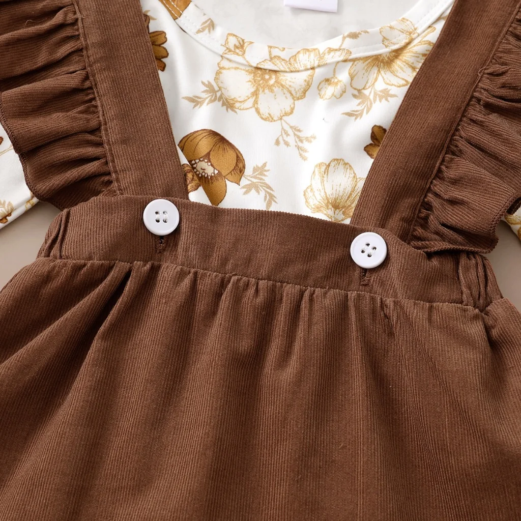 Conjunto bebé niña top floral manga larga y falda marrón con tirantes - imagen 4
