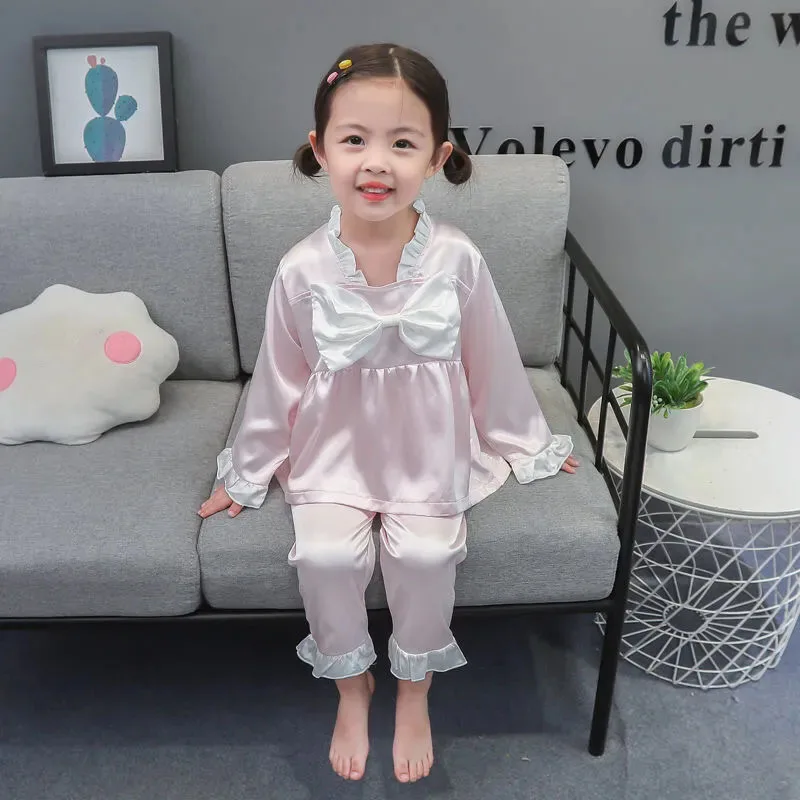 Pijama de seda fría para niña con lazo – Ropa de casa para primavera y otoño - imagen 5