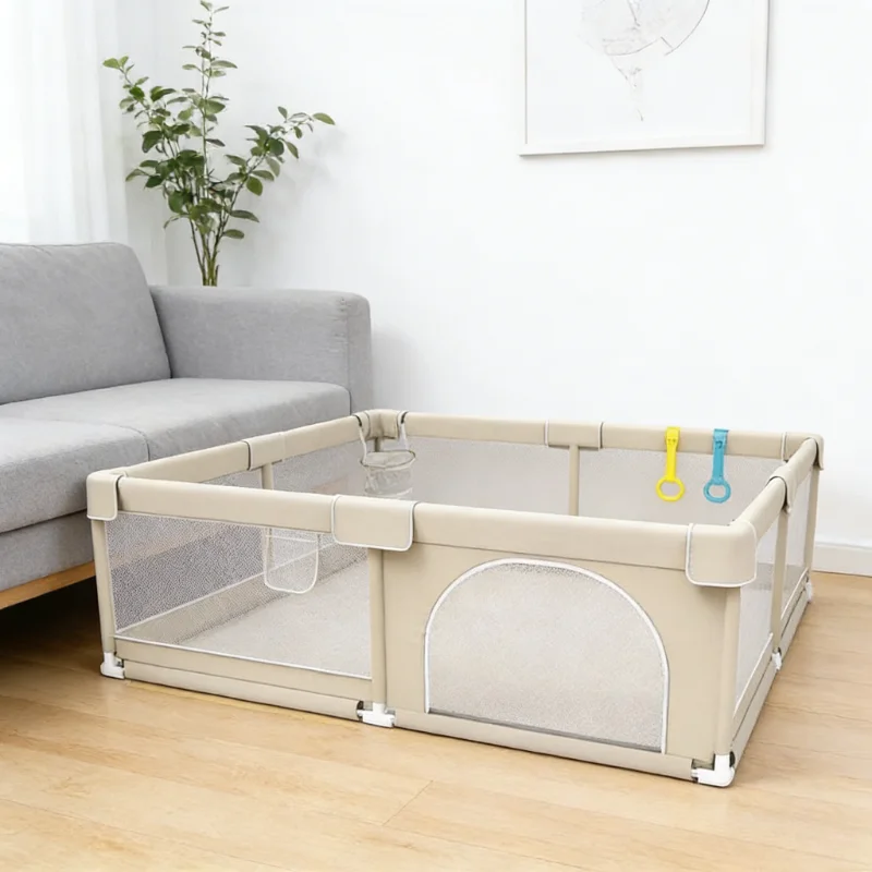 Parque de juegos para bebé beige con malla transpirable - imagen 4