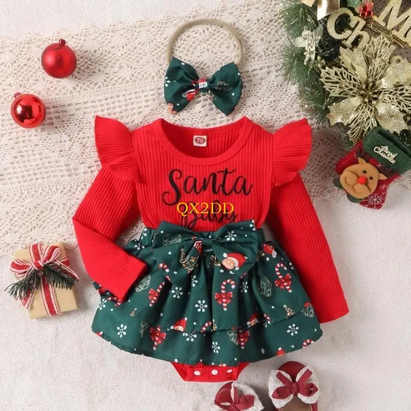 QX2D Mono navideño para bebé con volantes y diadema lazo roja