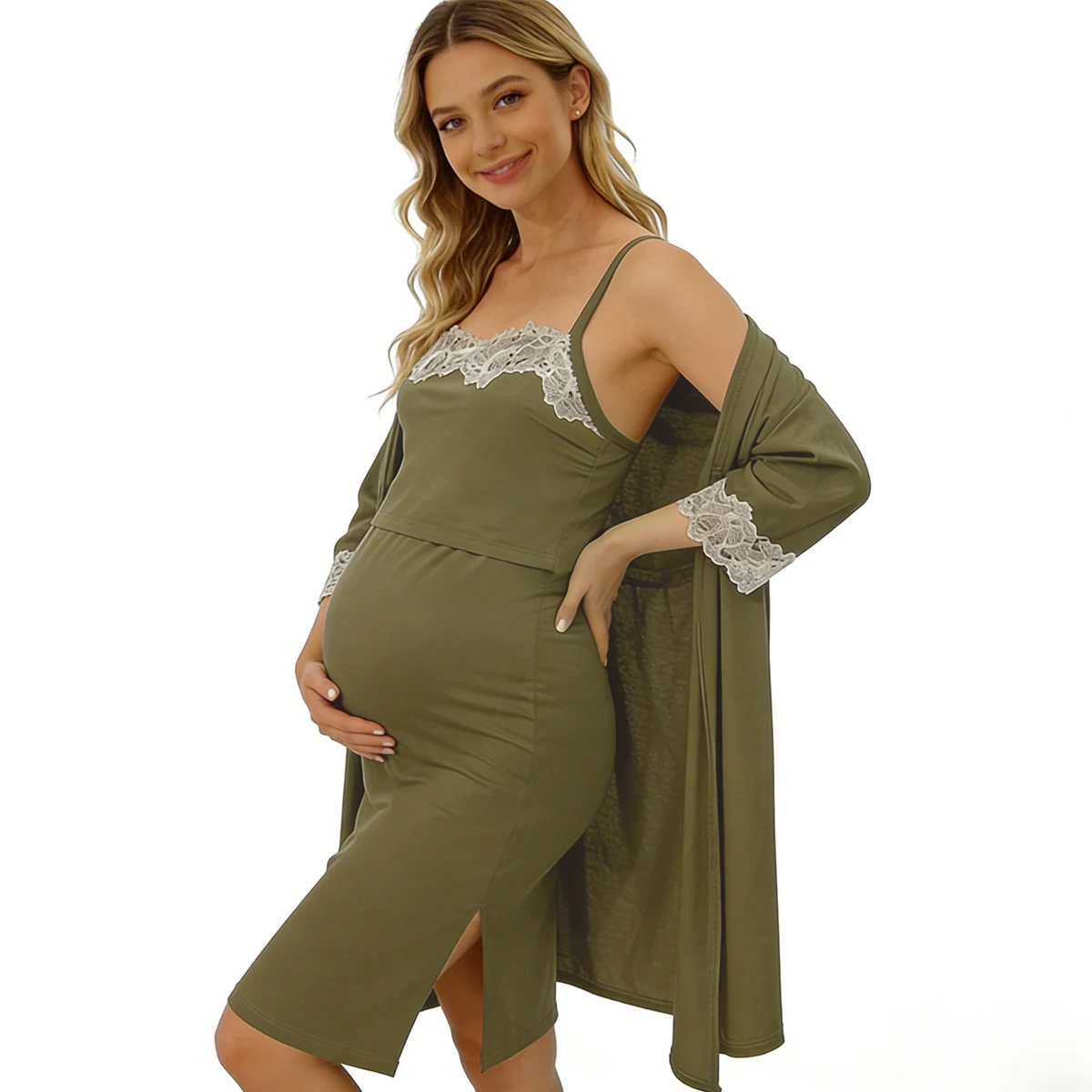 Pijama lactancia con bata encaje para maternidad - imagen 3