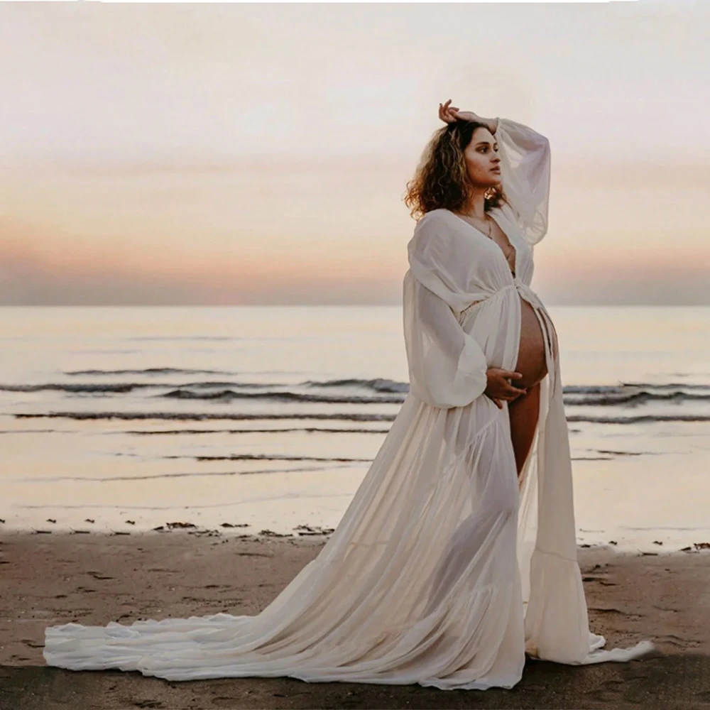 Vestido maternity de gasa con cuello V y mangas acampanadas