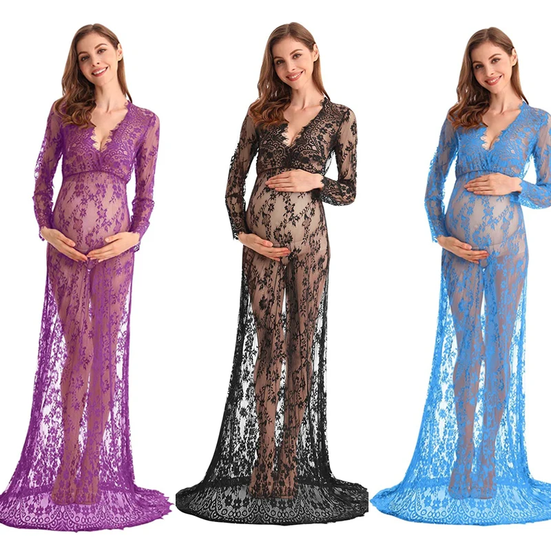 Vestido de maternidad con escote en V y manga larga de encaje - imagen 3