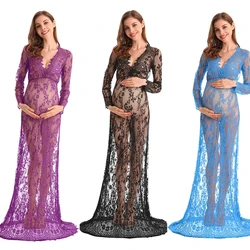 Vestido de maternidad con escote en V y manga larga de encaje