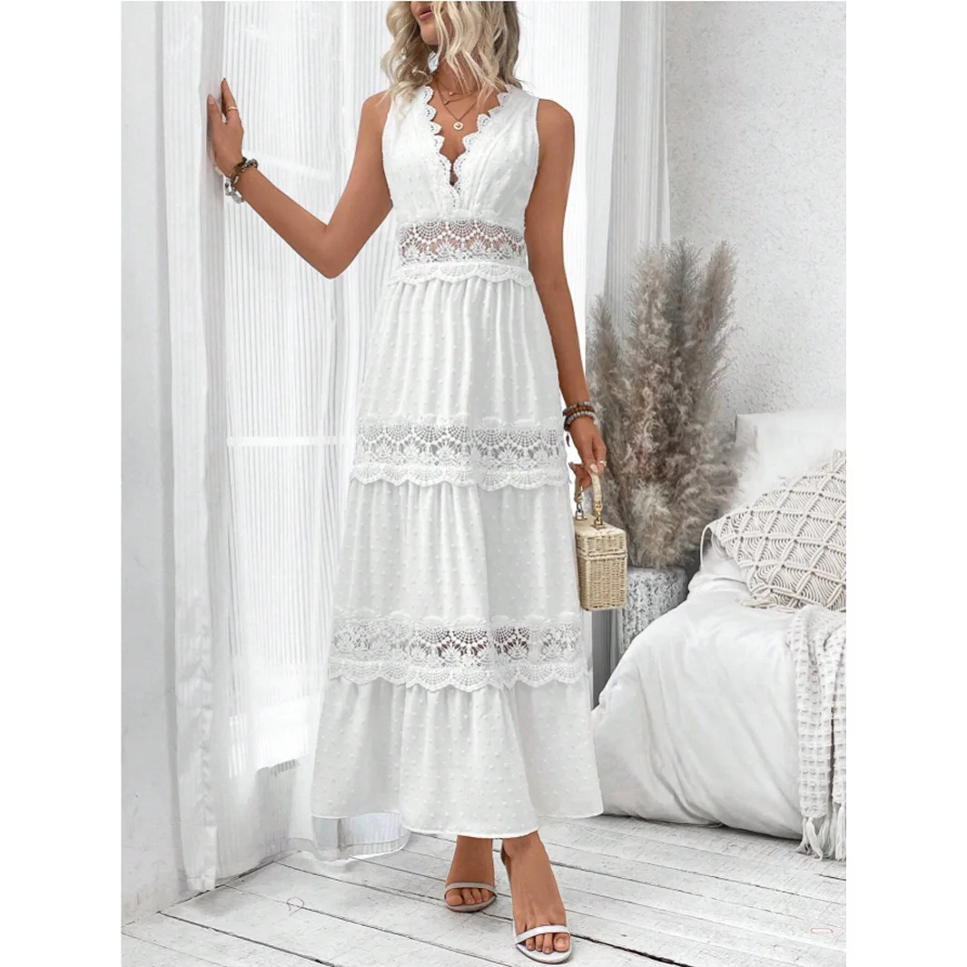 Vestido de verano blanco sin mangas con encaje y escote en V - imagen 3