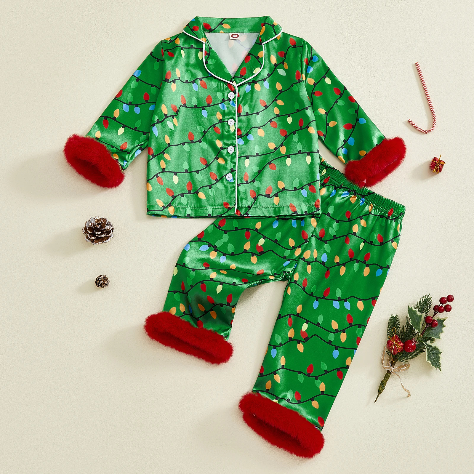 Tregren Pijama Navideño Satén Niño Niña – Top Botones y Pantalón