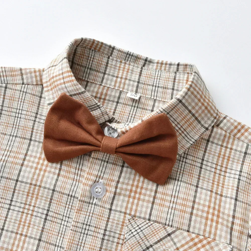 Conjunto de camisa a cuadros de algodón con tirantes para niño - imagen 5