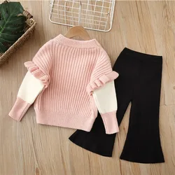 Conjunto de suéter y pantalón acampanado para niña – lazo en punto