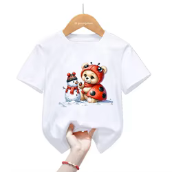 Camiseta infantil manga corta mariquita y oso estilo kawaii Harajuku