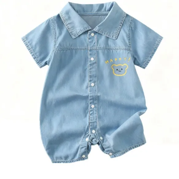 Mono corto verano para bebé en mezclilla con solapa oso estilo casual - imagen 2