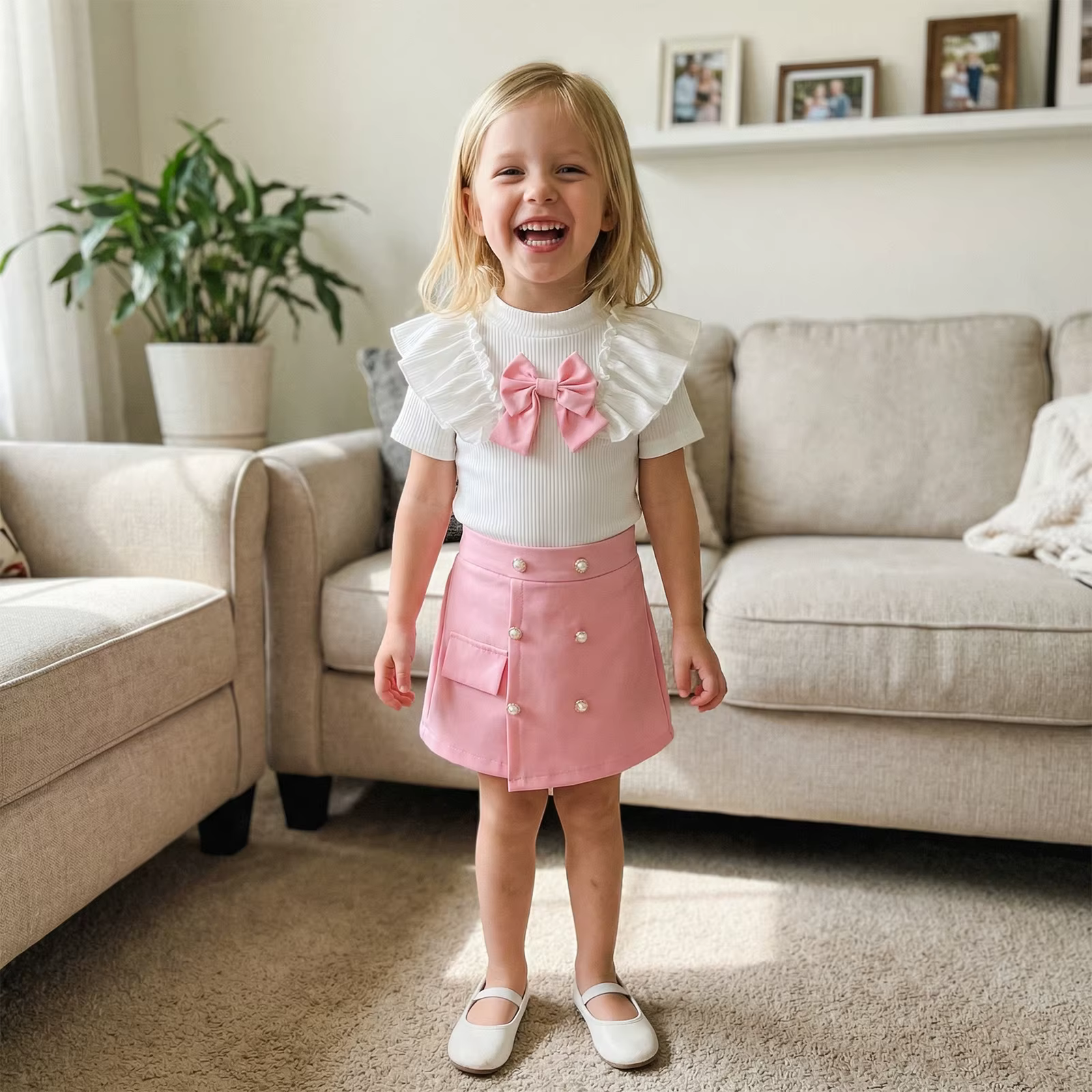 Conjunto de blusa con volantes, lazo y pantalón corto para niña - imagen 3