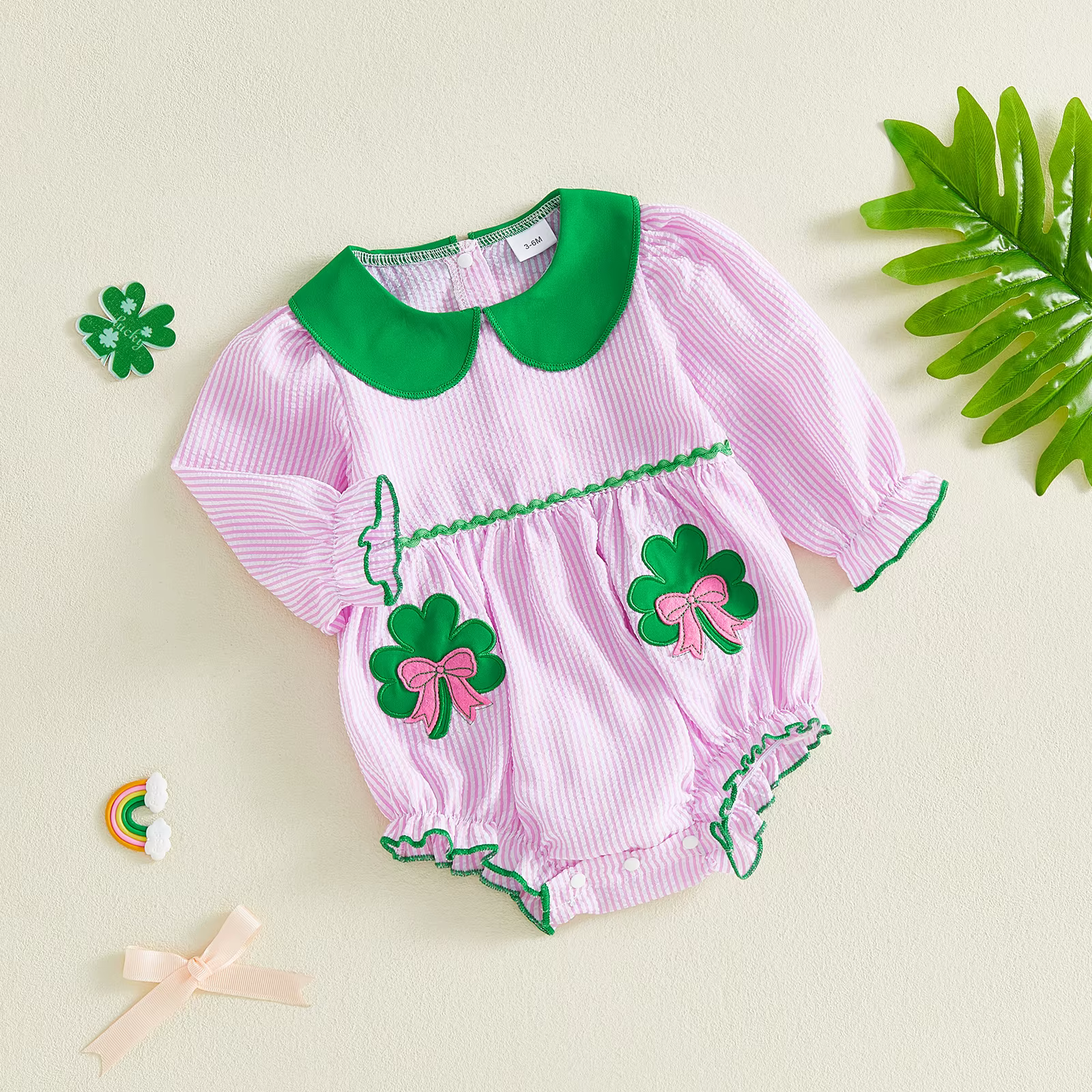 Mono de bebé niña irlandés con trébol bordado y lazo - imagen 5