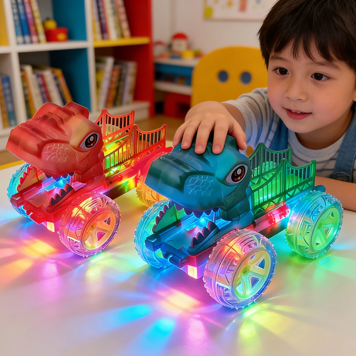 Coche dinosaurio con luces LED y ruedas anticolisión para niños - imagen 3