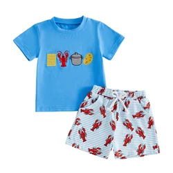 Conjunto de verano para niña con bordado de langosta y pantalón corto