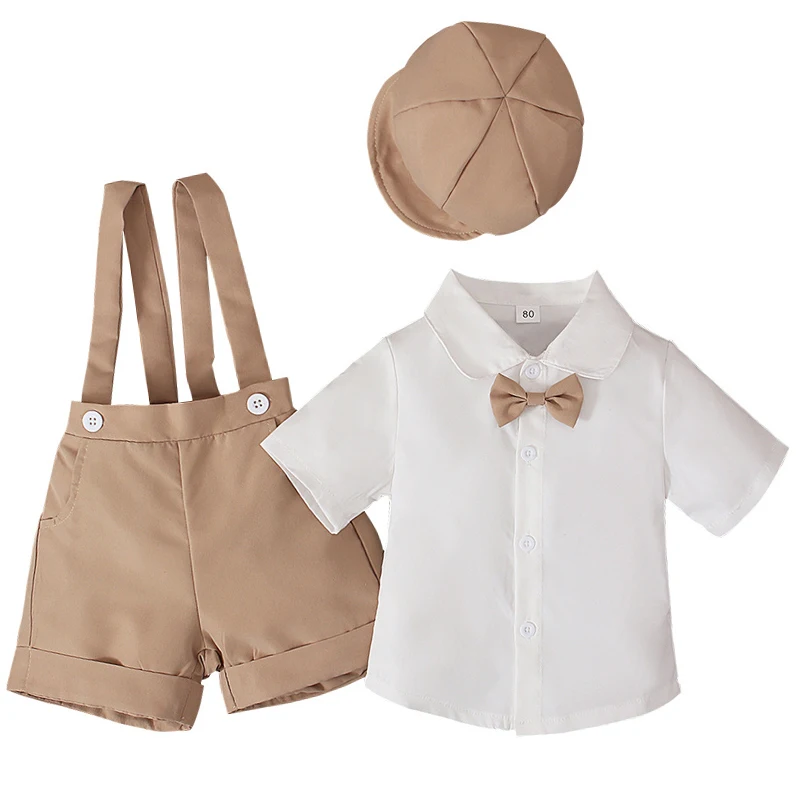 Conjunto verano niño con camiseta pantalón corto gorra algodón corbata