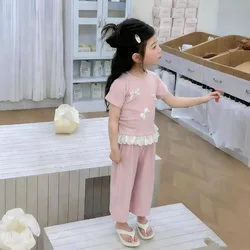 Somenie Conjunto de verano bebé niña – Top lazo encaje y shorts