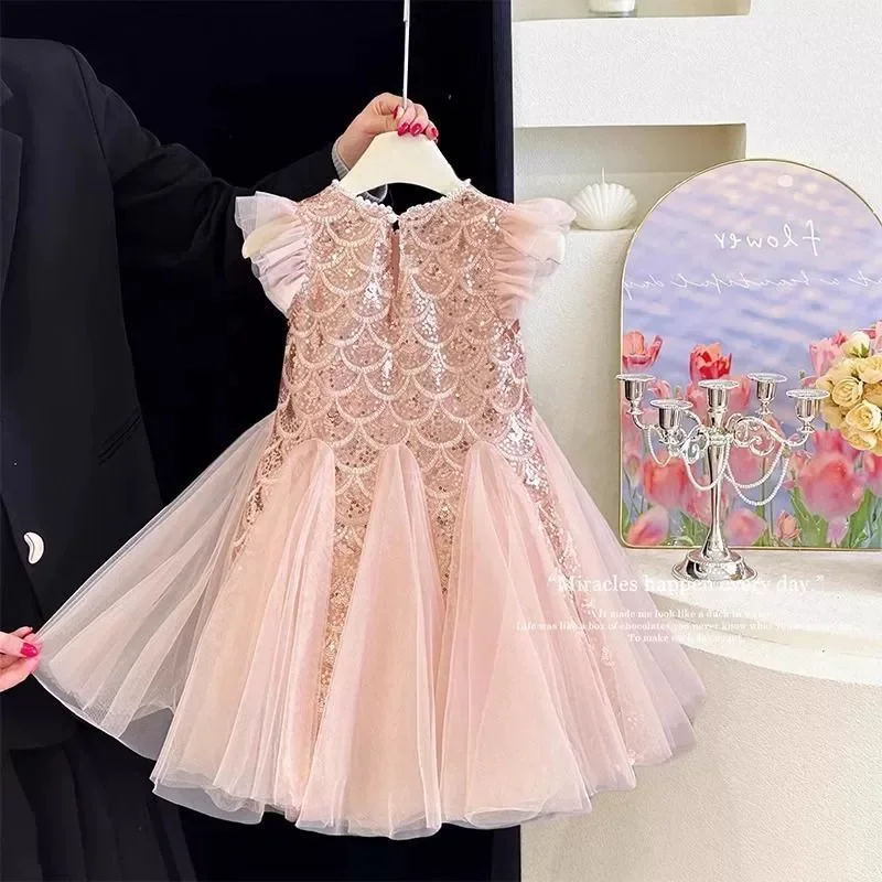 Vestido de tul de fiesta para niña con lentejuelas y mangas abullonadas - imagen 4