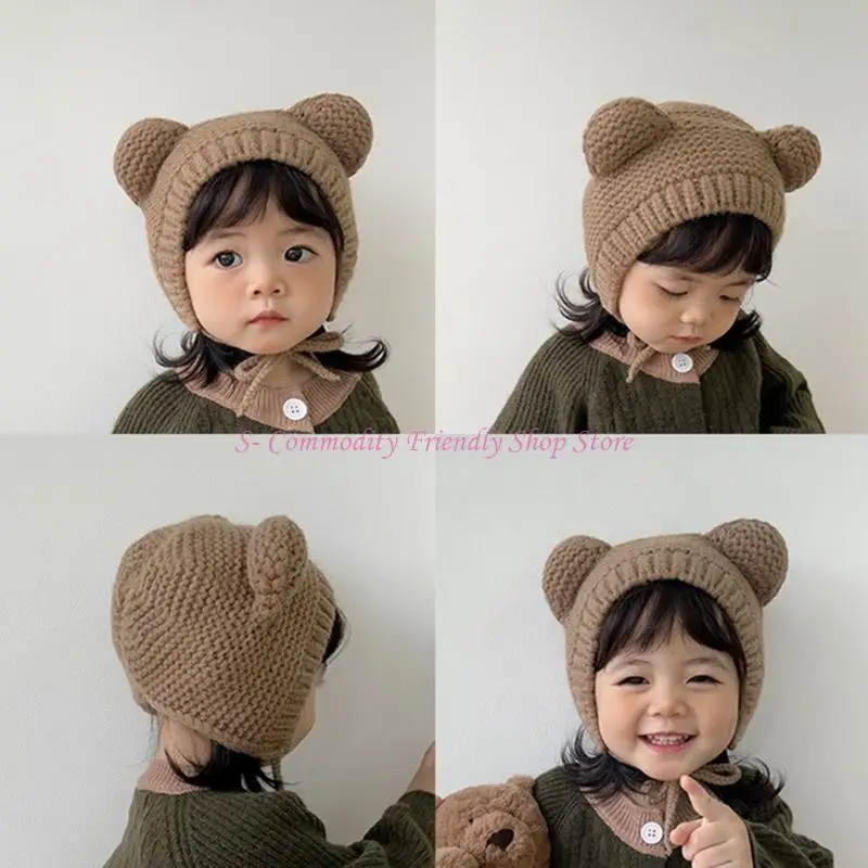 Gorro bebé con orejas de oso tejido suave y dibujos animados tierno - imagen 3