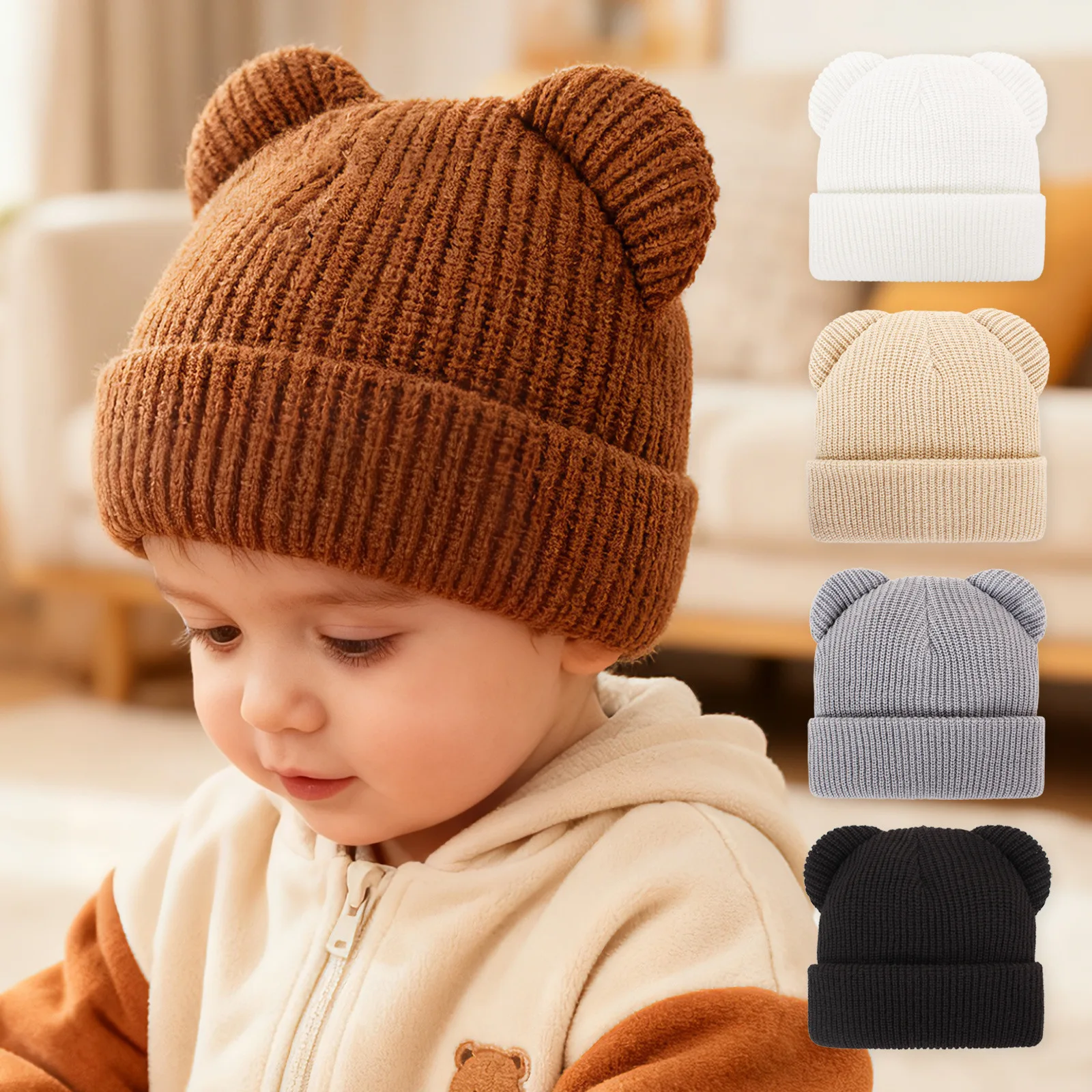 Gorro de invierno tejido con orejas de oso y protección para oídos - imagen 4