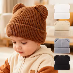 Gorro de invierno tejido con orejas de oso y protección para oídos