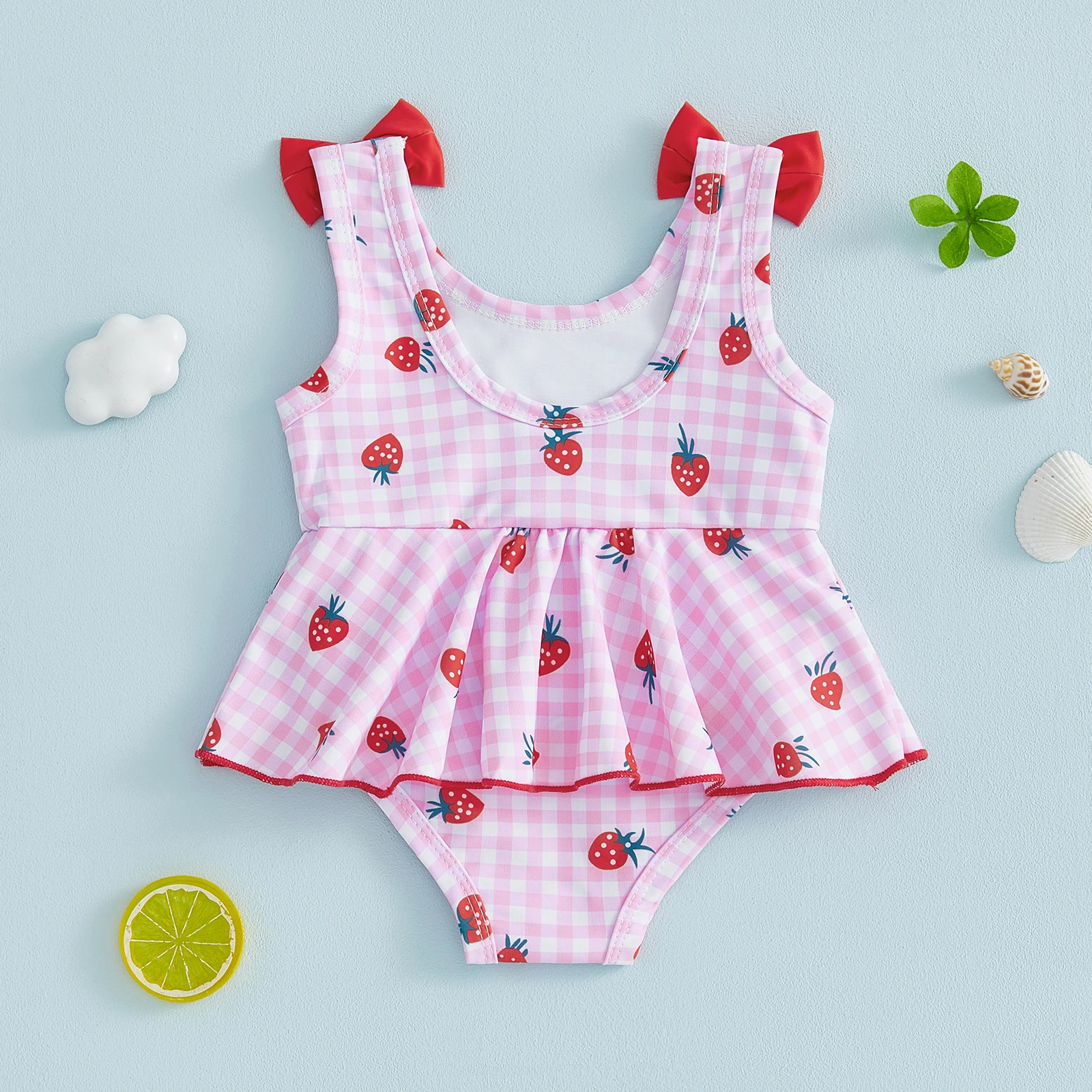 Traje de baño niña estampado de fresa con falda y volantes
