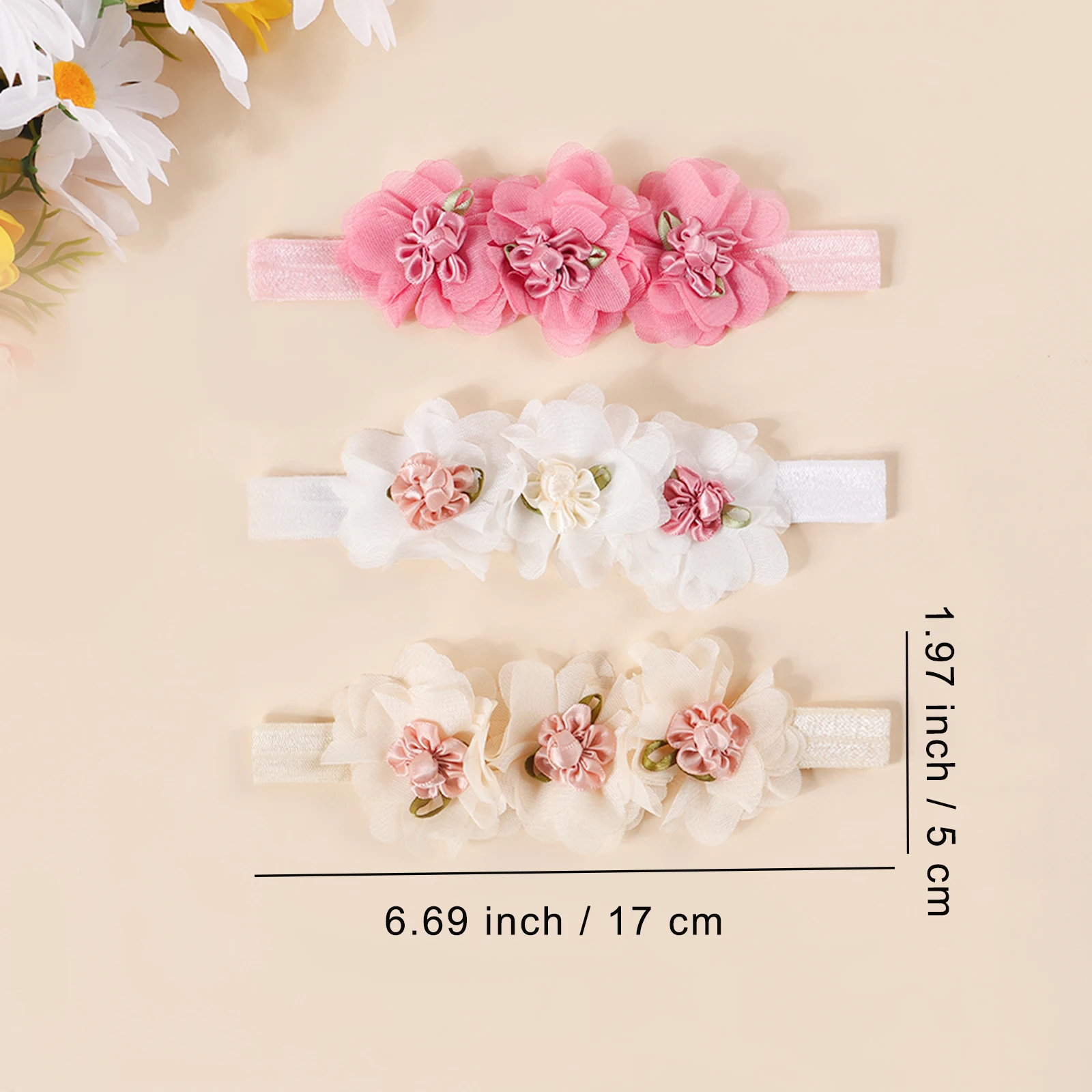 Diadema bebé de nailon suave con flores de gasa para niña