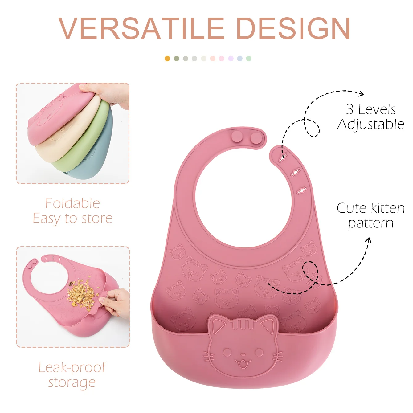 Babero de silicona impermeable con bolsillo y diseño de gato - imagen 3