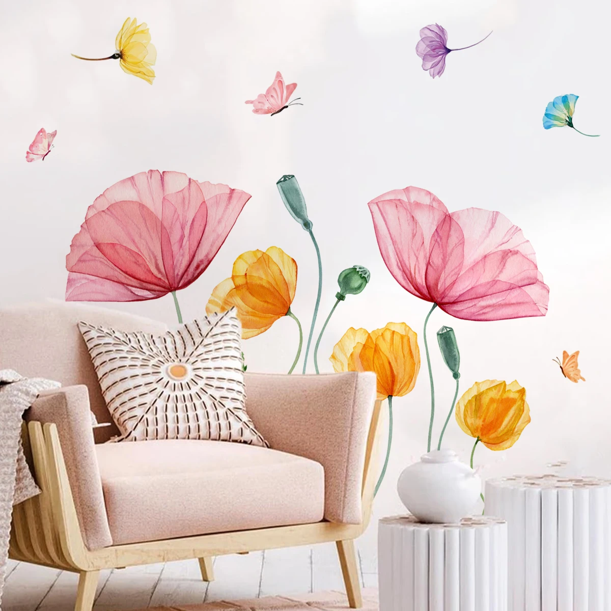 Vinilo decorativo pared acuarela con mariposas y hojas verdes - imagen 5