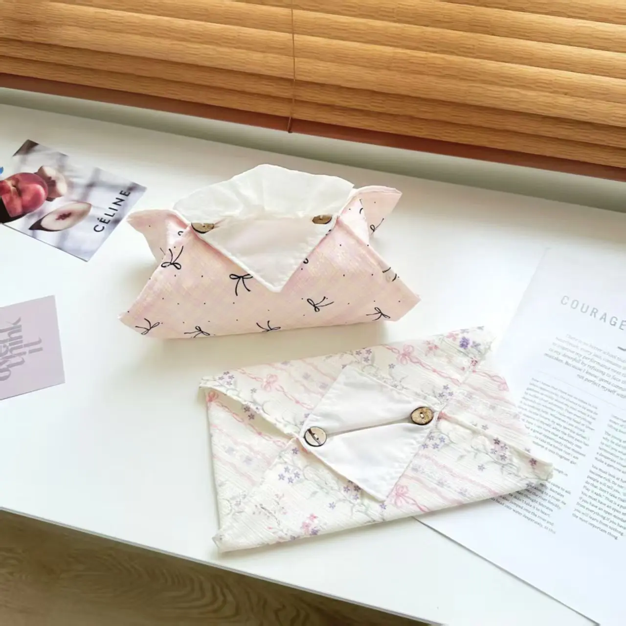 Porta pañuelos de tela estilo francés con lazo rosa estampado - imagen 2
